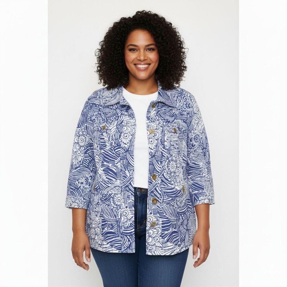 Coldwater Creek Blue White Cotton Floral Full Zip Jacket 3/4 Sleeve Size 20